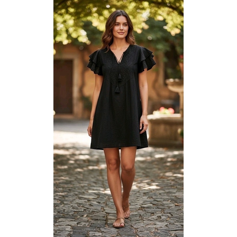 Vineyard Vines Black Jacquard Leaf Dress Textured Preppy Cottagecore Boho Chic S